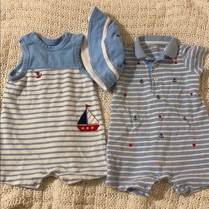 Little me 3 piece set blue rompers and hat